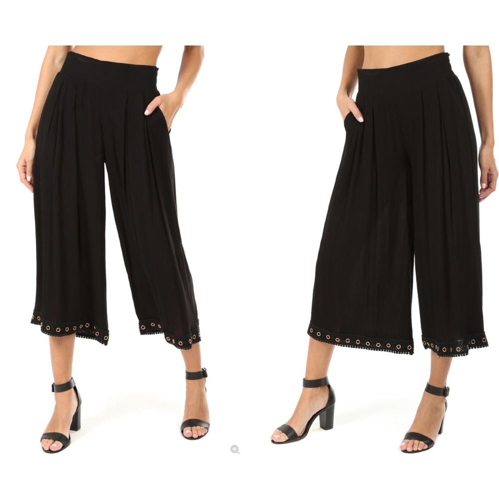 MISA Los Angeles KOVA Cropped Pants XS Black Rayon Wide Leg Grommet Hem*
